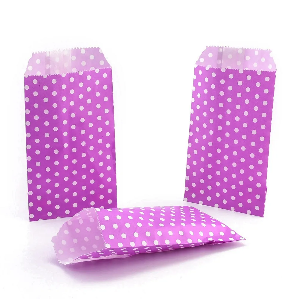 100 pc Kraft Paper Bags, No Handles, Storage Bags, White Polka Dot Pattern, Wedding Party Birthday Gift Bag, Purple, 15x8.3x0.02cm