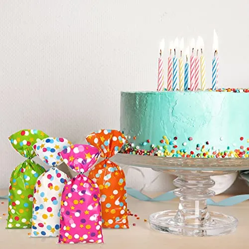 100 Pcs Cellophane Treat Bags, Polka Dots Goodie Bags Star Party Favor Candy Bags with 100 Twist Ties Rainbow Stars Theme for Birthday Baby Shower Pride Day School Supplies (Dot Style)