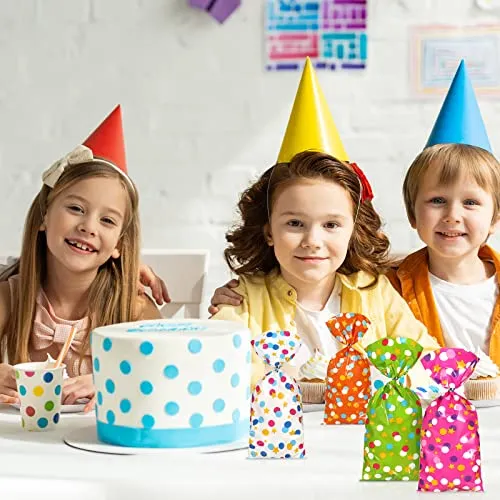 100 Pcs Cellophane Treat Bags, Polka Dots Goodie Bags Star Party Favor Candy Bags with 100 Twist Ties Rainbow Stars Theme for Birthday Baby Shower Pride Day School Supplies (Dot Style)