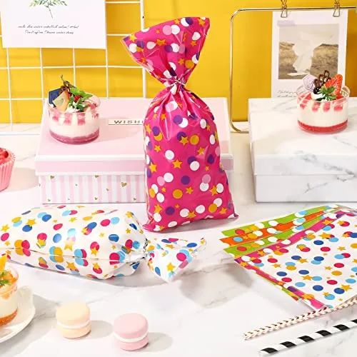 100 Pcs Cellophane Treat Bags, Polka Dots Goodie Bags Star Party Favor Candy Bags with 100 Twist Ties Rainbow Stars Theme for Birthday Baby Shower Pride Day School Supplies (Dot Style)
