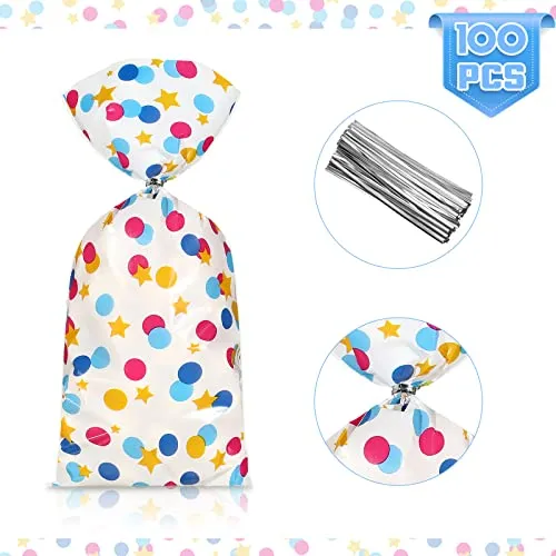 100 Pcs Cellophane Treat Bags, Polka Dots Goodie Bags Star Party Favor Candy Bags with 100 Twist Ties Rainbow Stars Theme for Birthday Baby Shower Pride Day School Supplies (Dot Style)