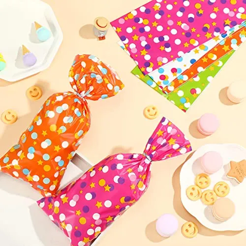 100 Pcs Cellophane Treat Bags, Polka Dots Goodie Bags Star Party Favor Candy Bags with 100 Twist Ties Rainbow Stars Theme for Birthday Baby Shower Pride Day School Supplies (Dot Style)