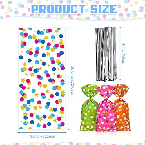 100 Pcs Cellophane Treat Bags, Polka Dots Goodie Bags Star Party Favor Candy Bags with 100 Twist Ties Rainbow Stars Theme for Birthday Baby Shower Pride Day School Supplies (Dot Style)