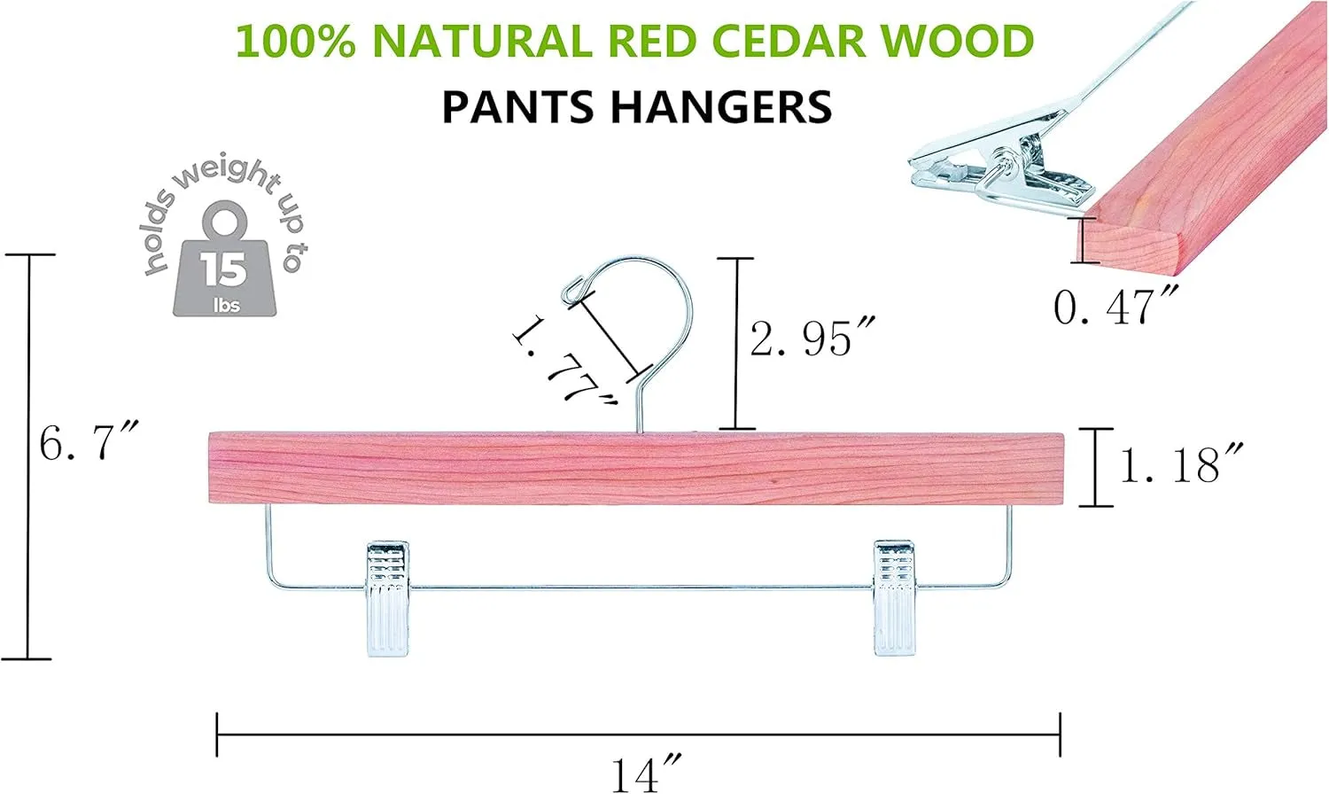 Amber Home 12 Pack American Red Cedar Wood Pants Hangers, Natural Cedar Wooden Slacks Skirts Hangers with 2-Adjustable Clips, Bottom Hangers for Trousers, Jeans, Shorts (12 Pack)