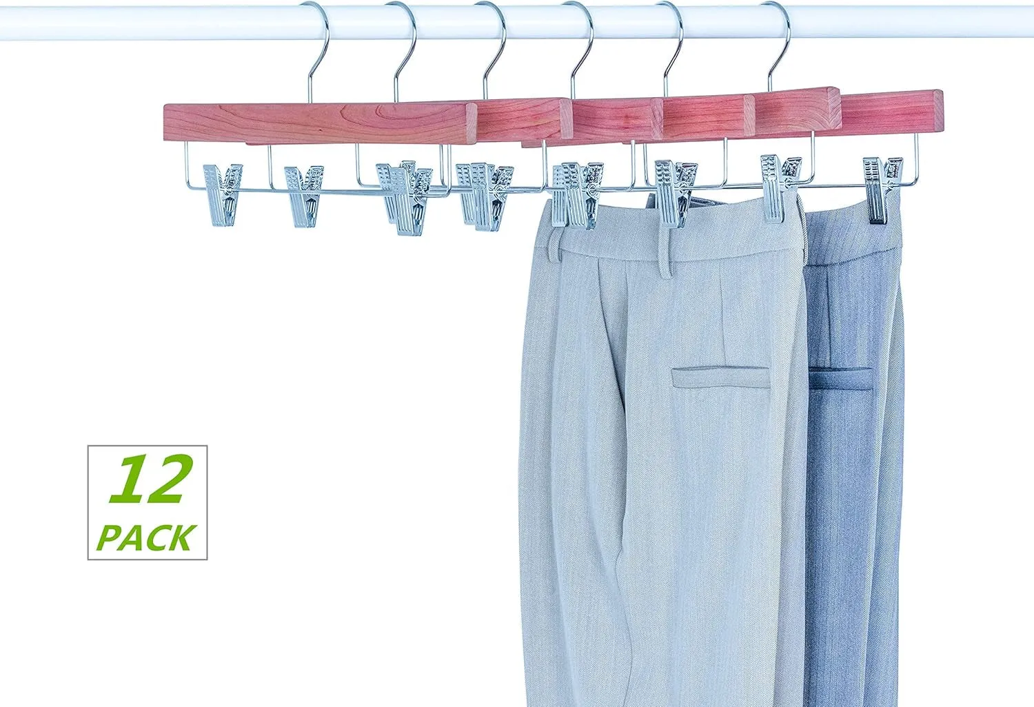 Amber Home 12 Pack American Red Cedar Wood Pants Hangers, Natural Cedar Wooden Slacks Skirts Hangers with 2-Adjustable Clips, Bottom Hangers for Trousers, Jeans, Shorts (12 Pack)