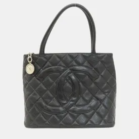 Black Caviar Leather  Medallion Tote Bag