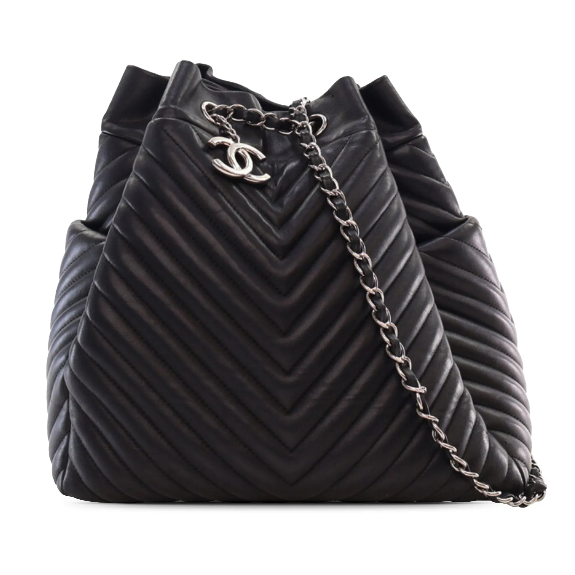 Black Chanel Chevron Calfskin Urban Spirit Bucket Bag