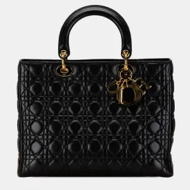 Black Lambskin Leather Large Cannage Lady Tote Bag
