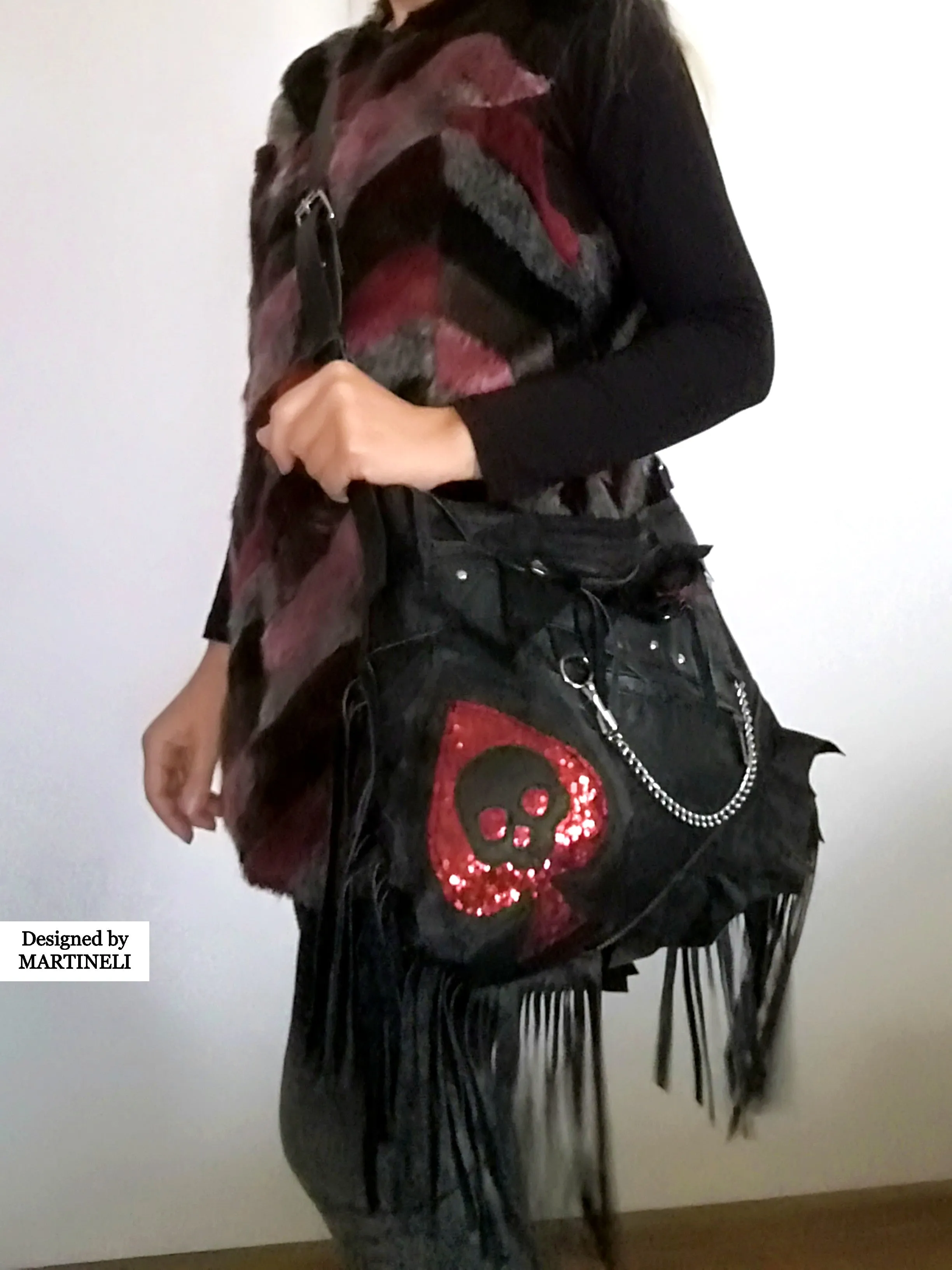 Black Leather Gothic Bag Luxury Rock Festival Skull Crossbody Tote Bag