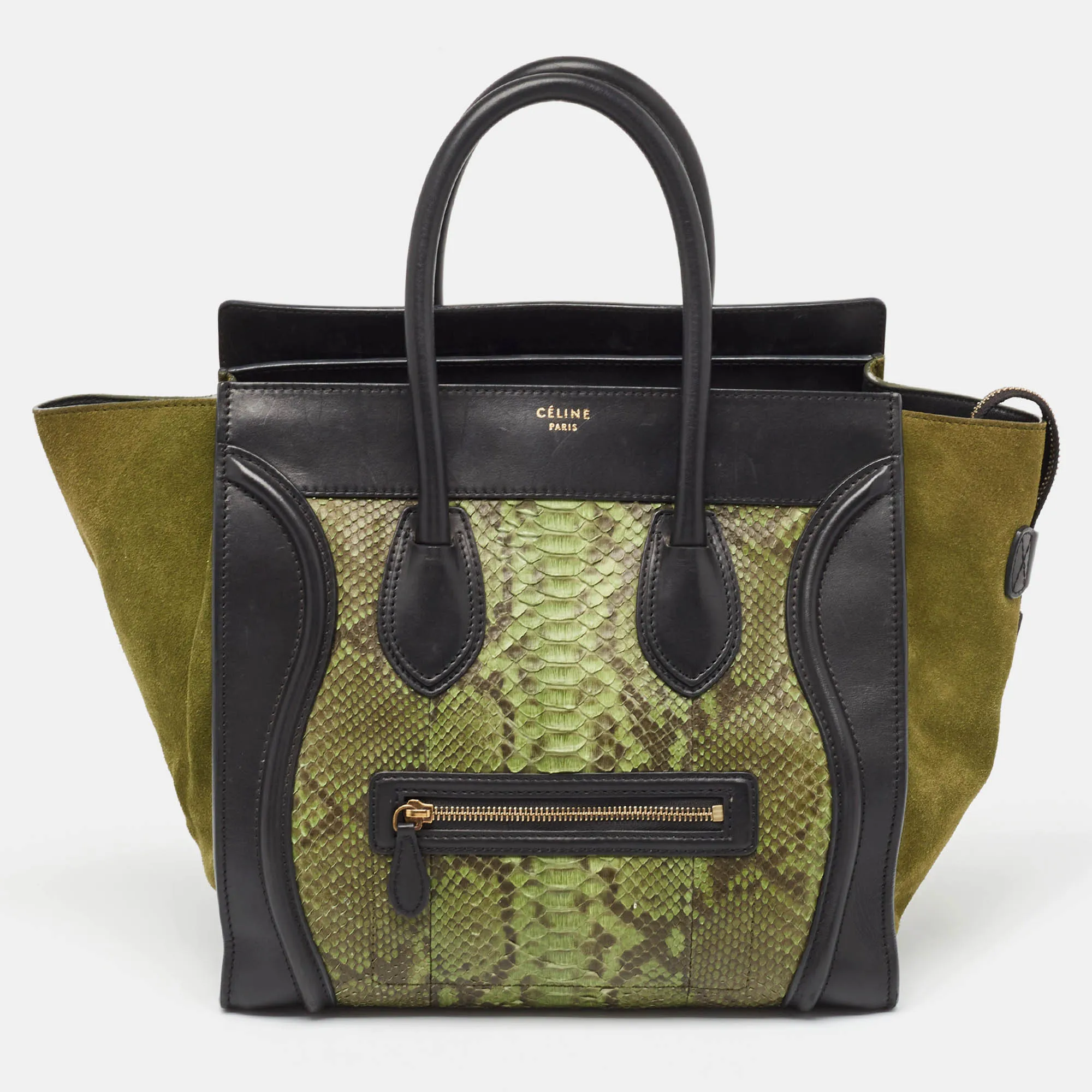 Black/Green Python and Leather/Suede Mini Luggage Tote