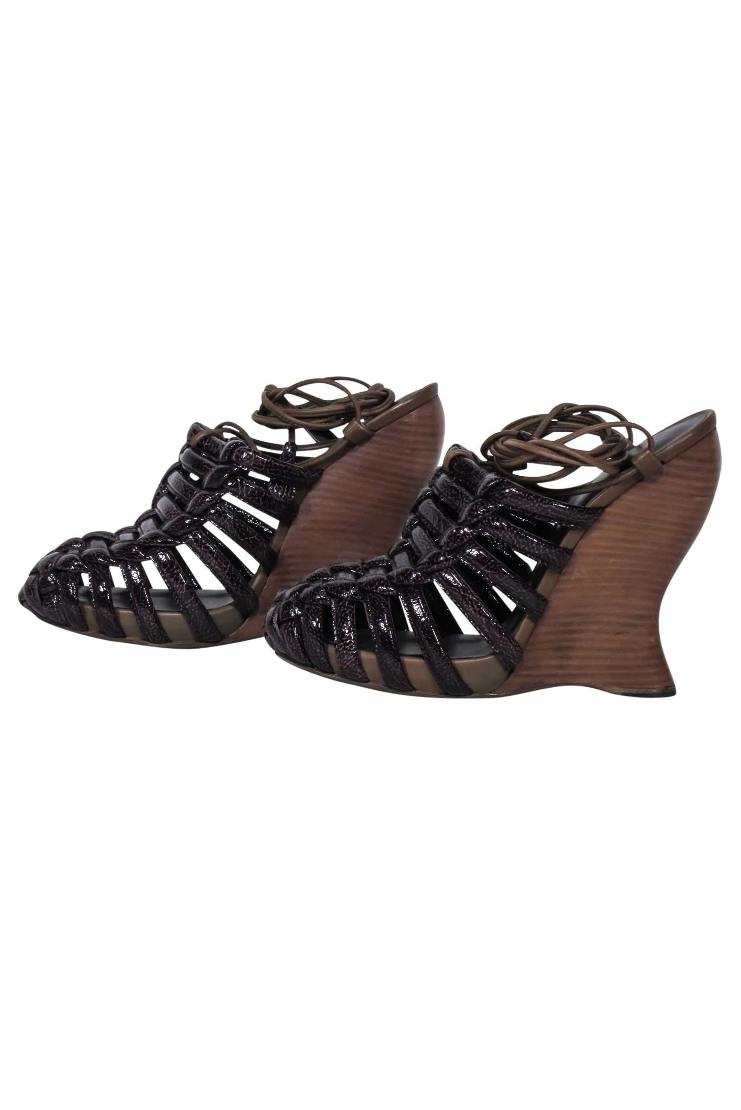 Bottega Veneta - Brown Patent Leather Ankle Wrap Wedges Sz 8