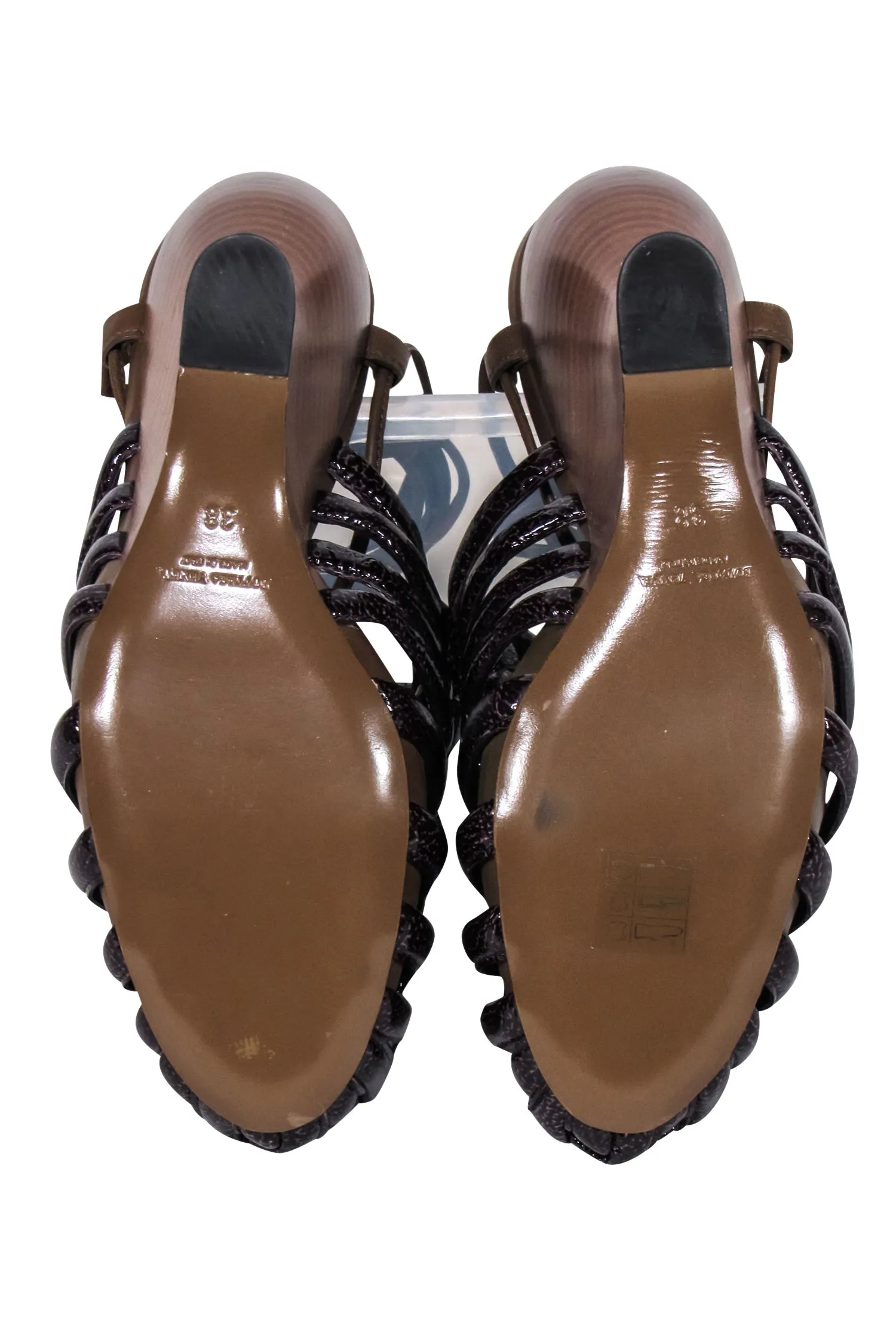 Bottega Veneta - Brown Patent Leather Ankle Wrap Wedges Sz 8