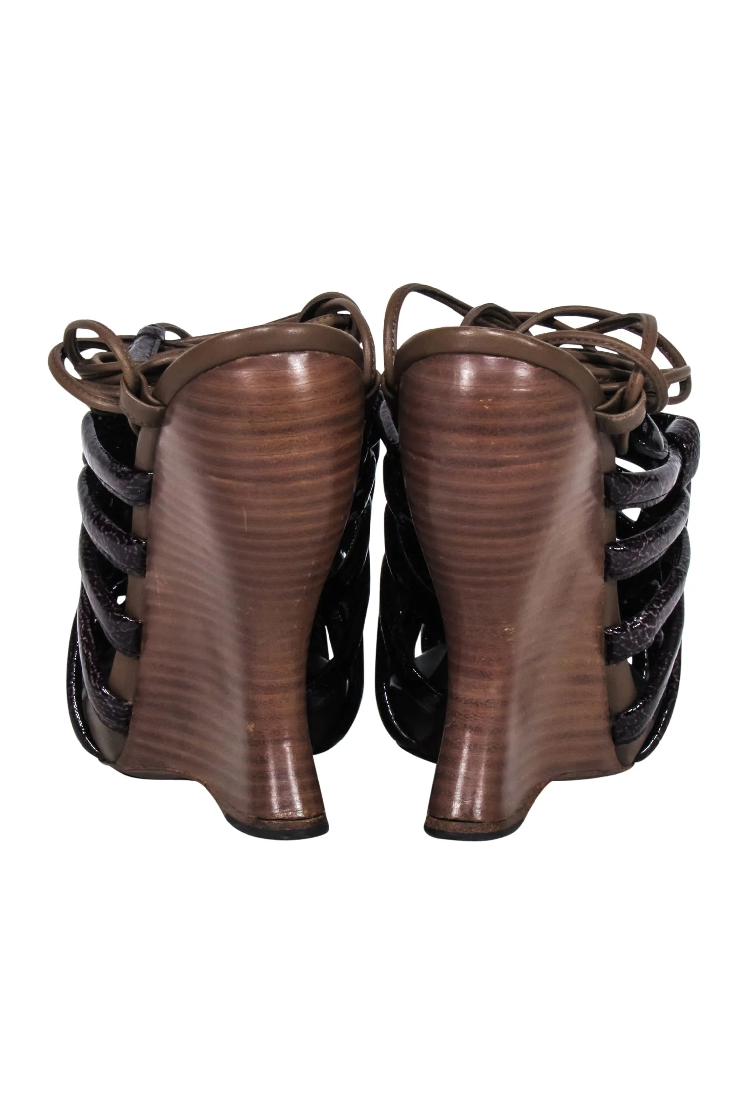 Bottega Veneta - Brown Patent Leather Ankle Wrap Wedges Sz 8