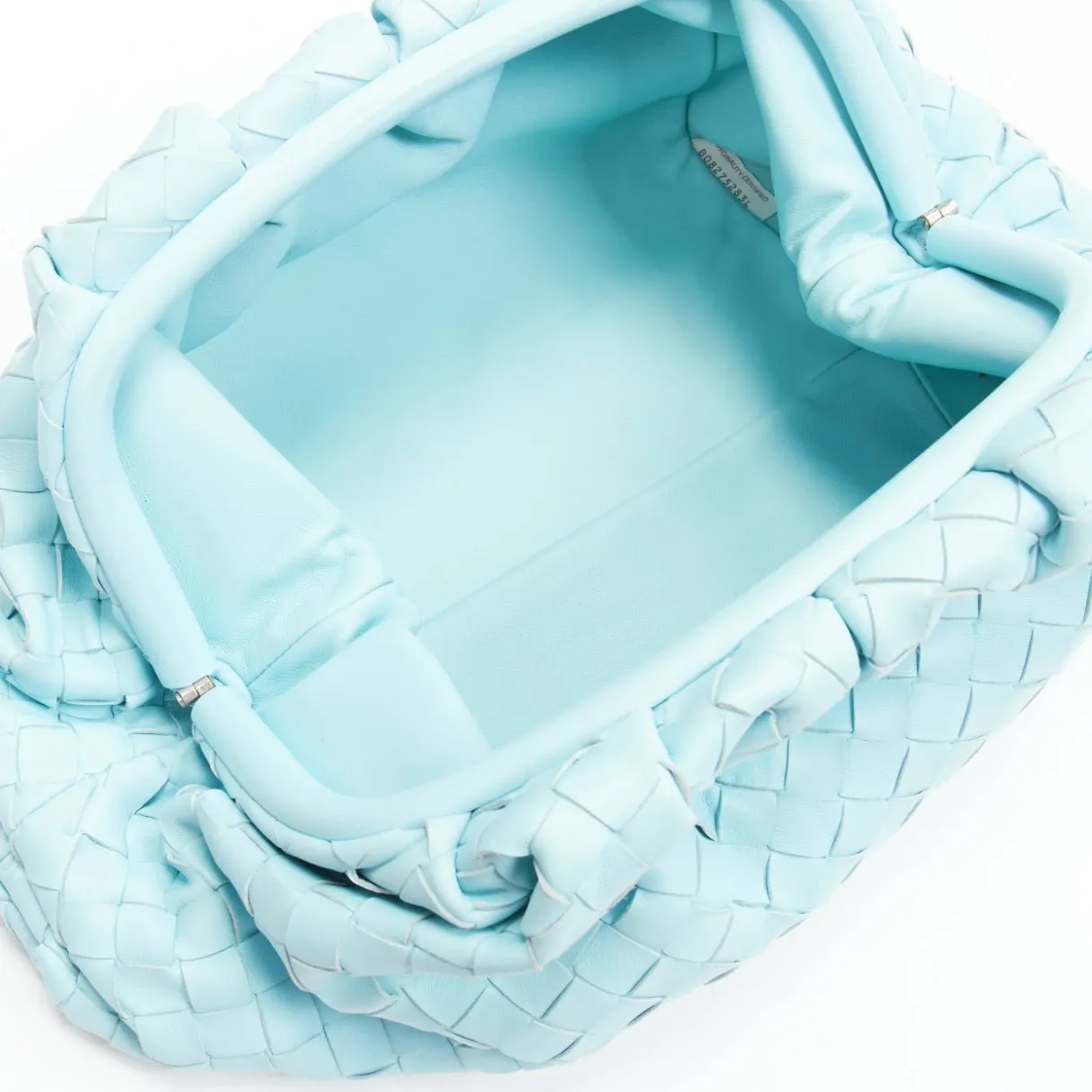 BOTTEGA VENETA The Pouch sky blue Intercciato woven leather magnetic clutch bag