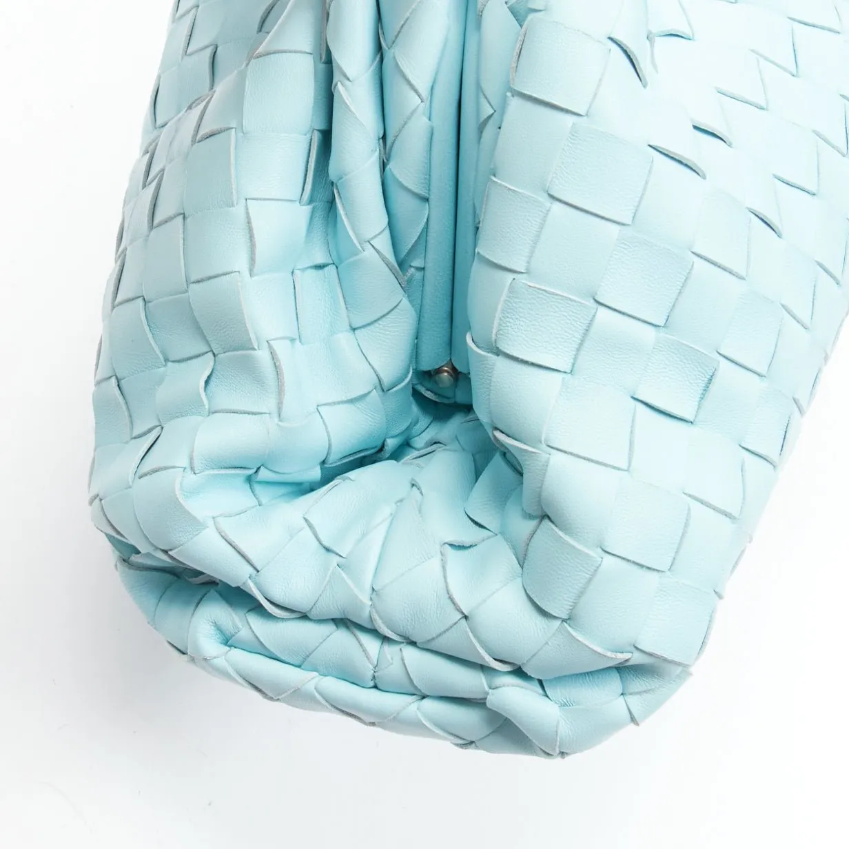 BOTTEGA VENETA The Pouch sky blue Intercciato woven leather magnetic clutch bag