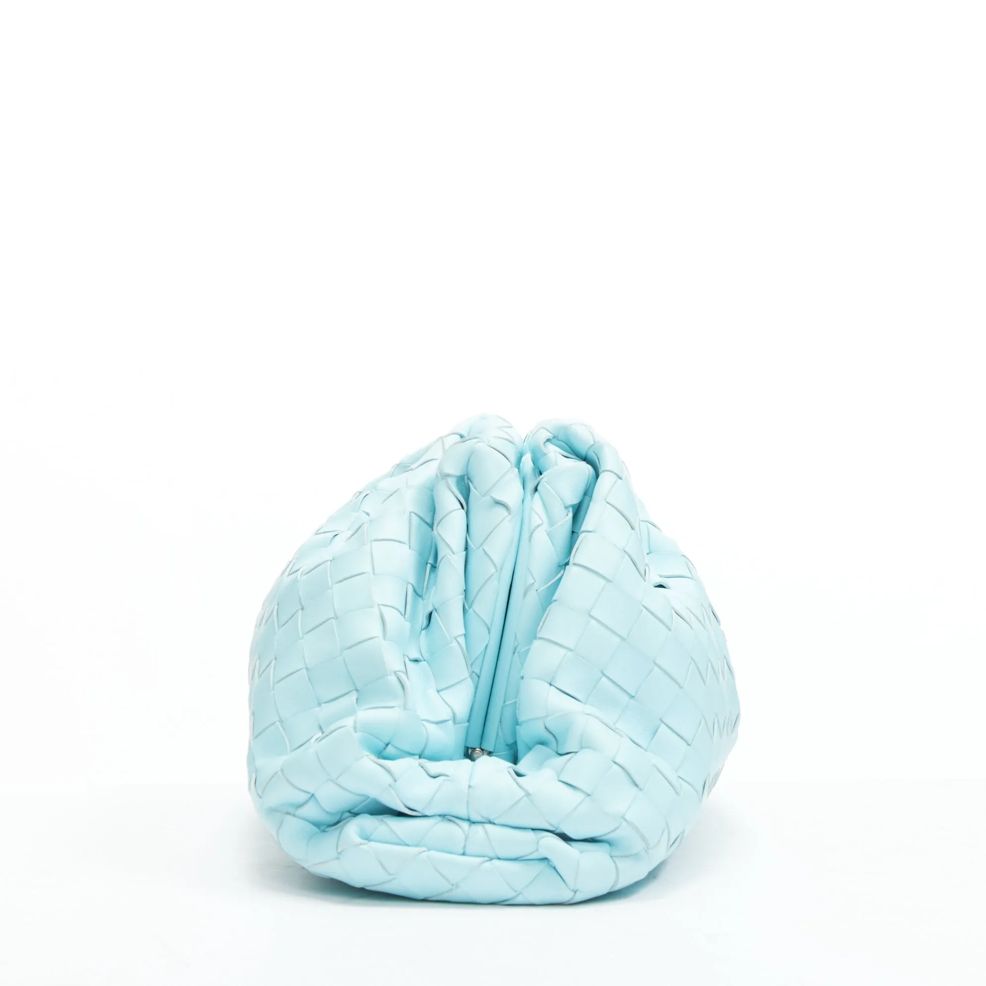 BOTTEGA VENETA The Pouch sky blue Intercciato woven leather magnetic clutch bag