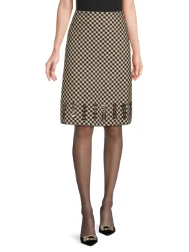 Bottega Veneta Wool Blend Eyelet Check Skirt in Straw