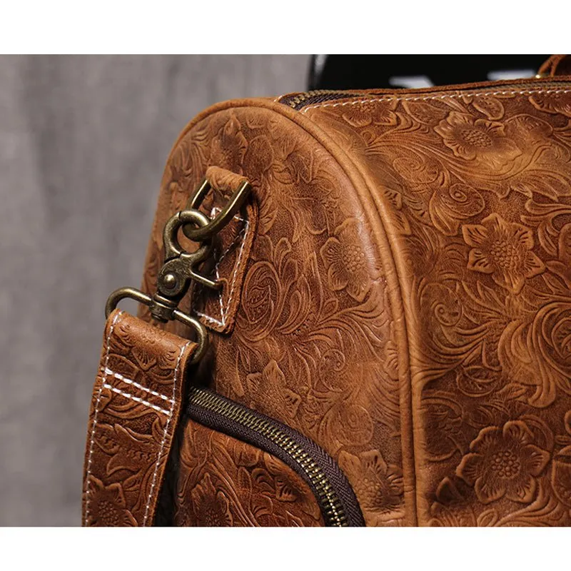 Brown Embossed Full Grain Travel Weekender Leather Duffel Bag
