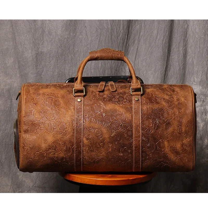 Brown Embossed Full Grain Travel Weekender Leather Duffel Bag