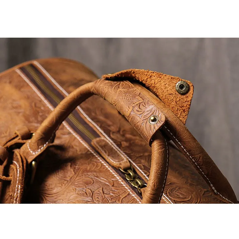 Brown Embossed Full Grain Travel Weekender Leather Duffel Bag