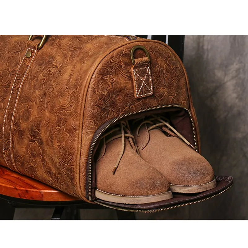 Brown Embossed Full Grain Travel Weekender Leather Duffel Bag