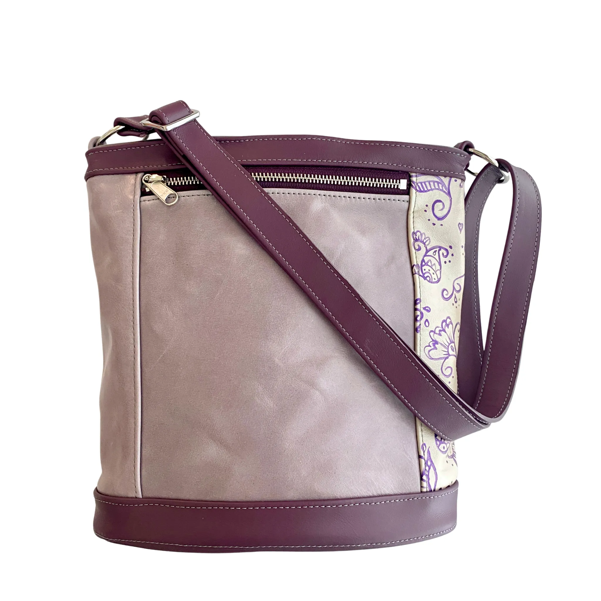 Bucket in Color Block Morning Mist, Eggplant, Handpainted Floral Purple