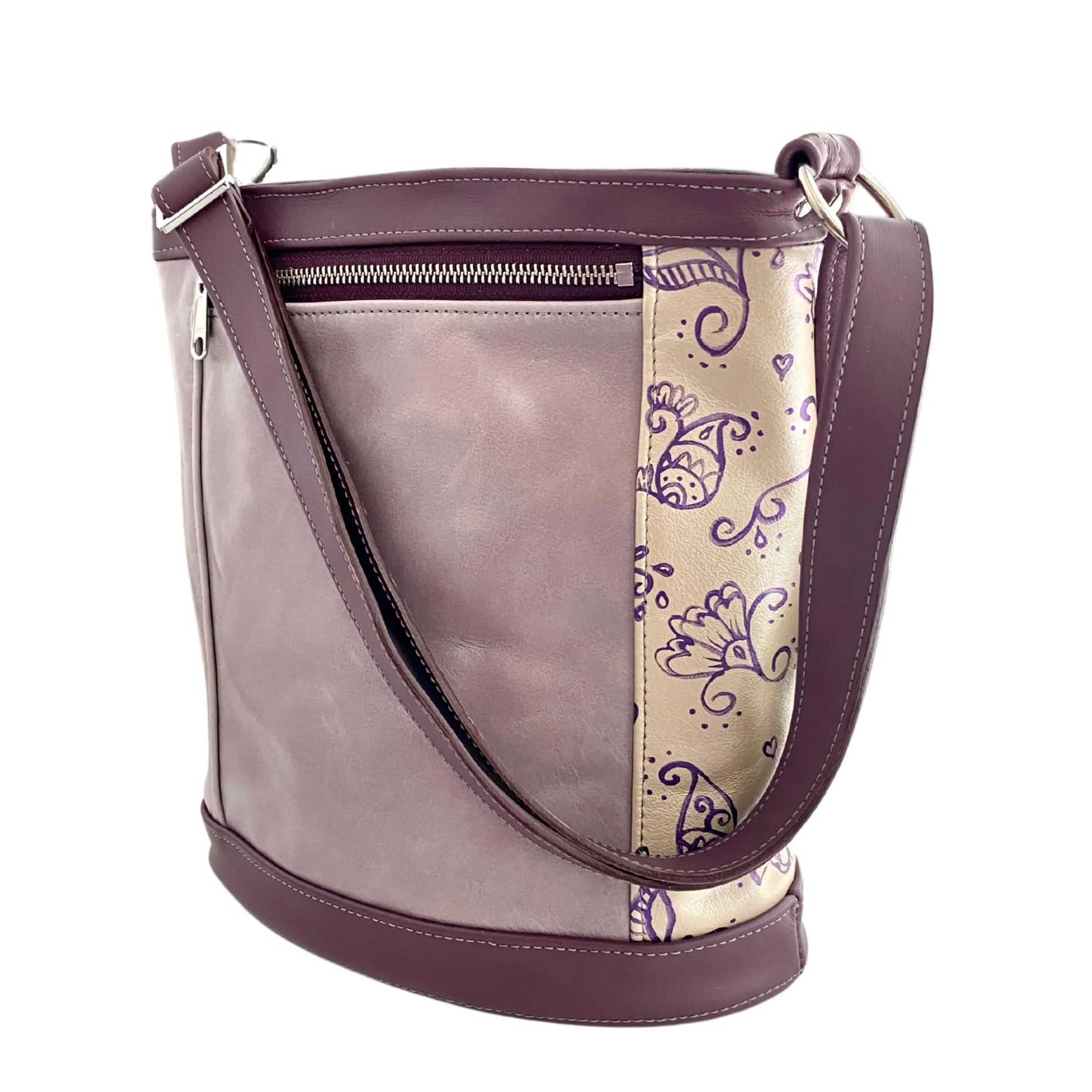 Bucket in Color Block Morning Mist, Eggplant, Handpainted Floral Purple