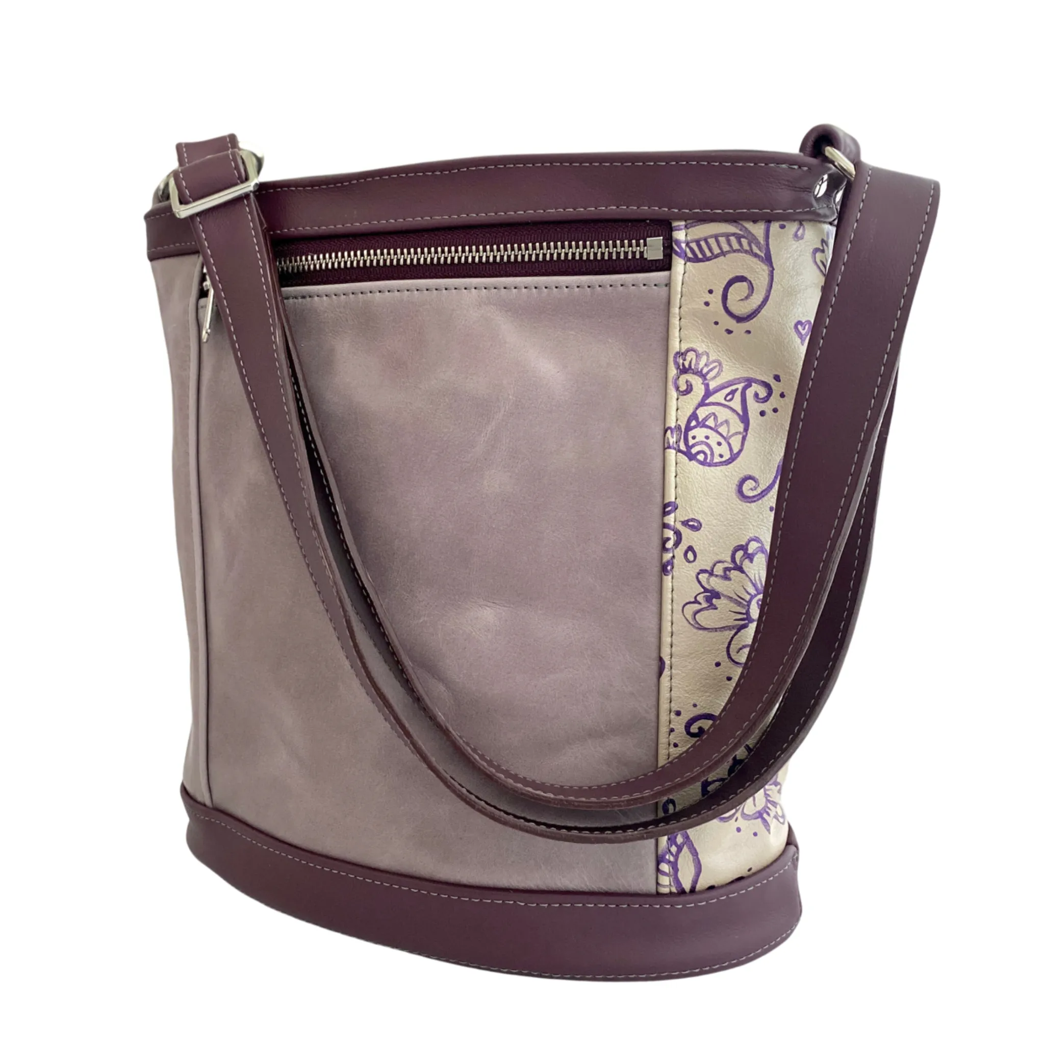 Bucket in Color Block Morning Mist, Eggplant, Handpainted Floral Purple