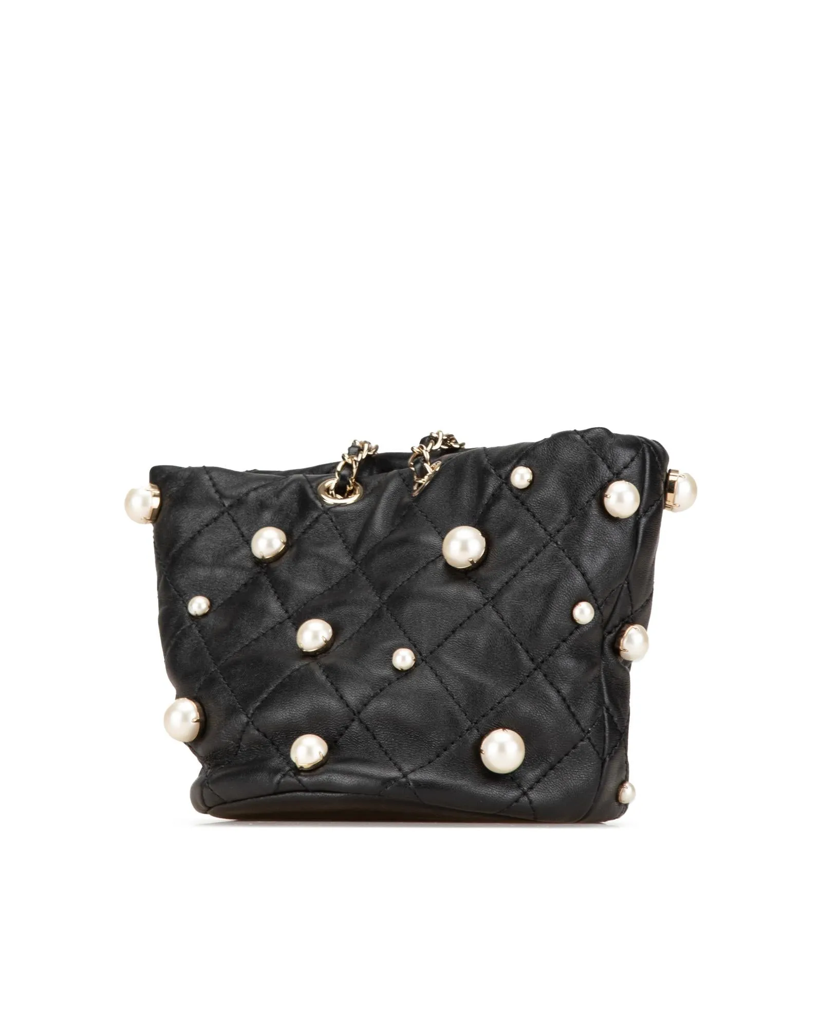 Calfskin Leather Drawstring Bucket Bag with Faux Pearl Embellishments