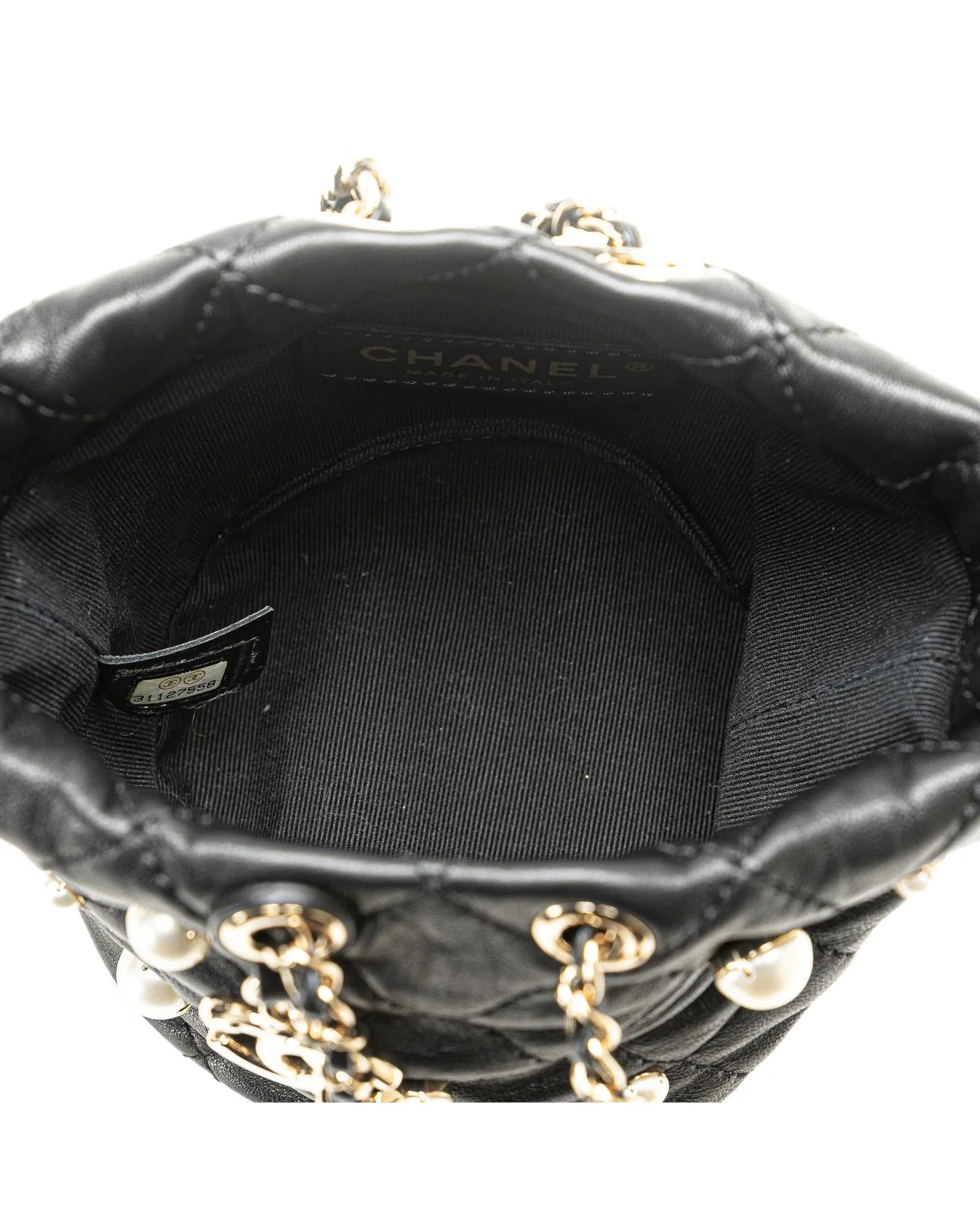 Calfskin Leather Drawstring Bucket Bag with Faux Pearl Embellishments