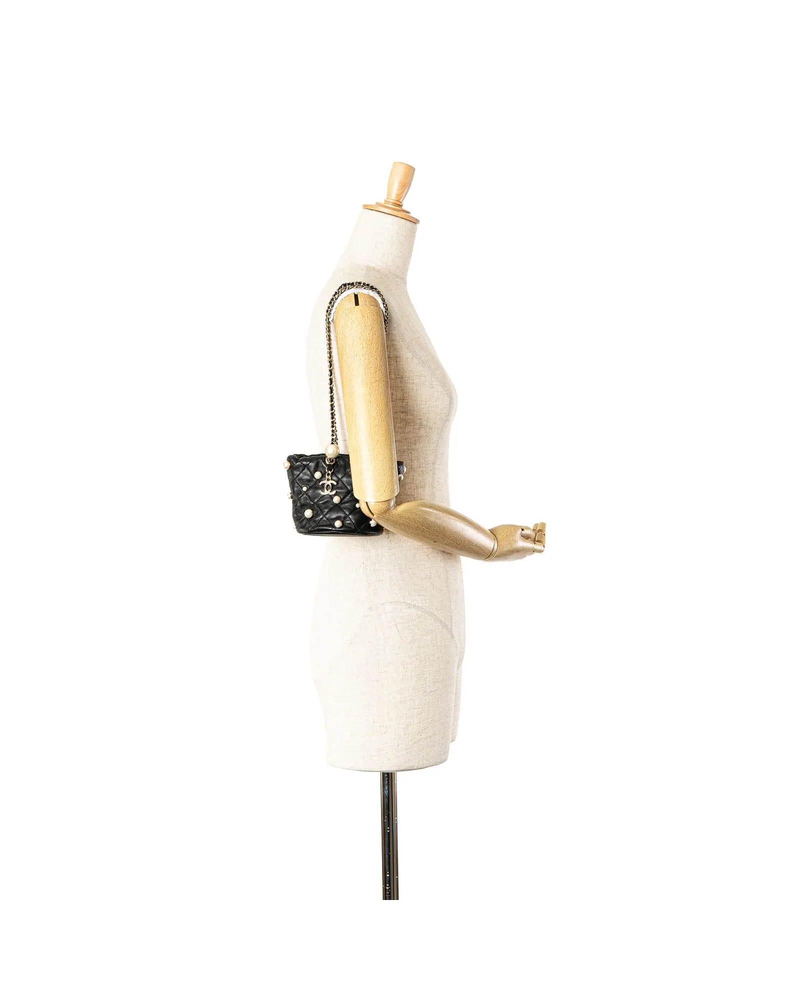 Calfskin Leather Drawstring Bucket Bag with Faux Pearl Embellishments
