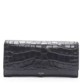 CELINE black scaled leather embossed calfskin flap front long wallet