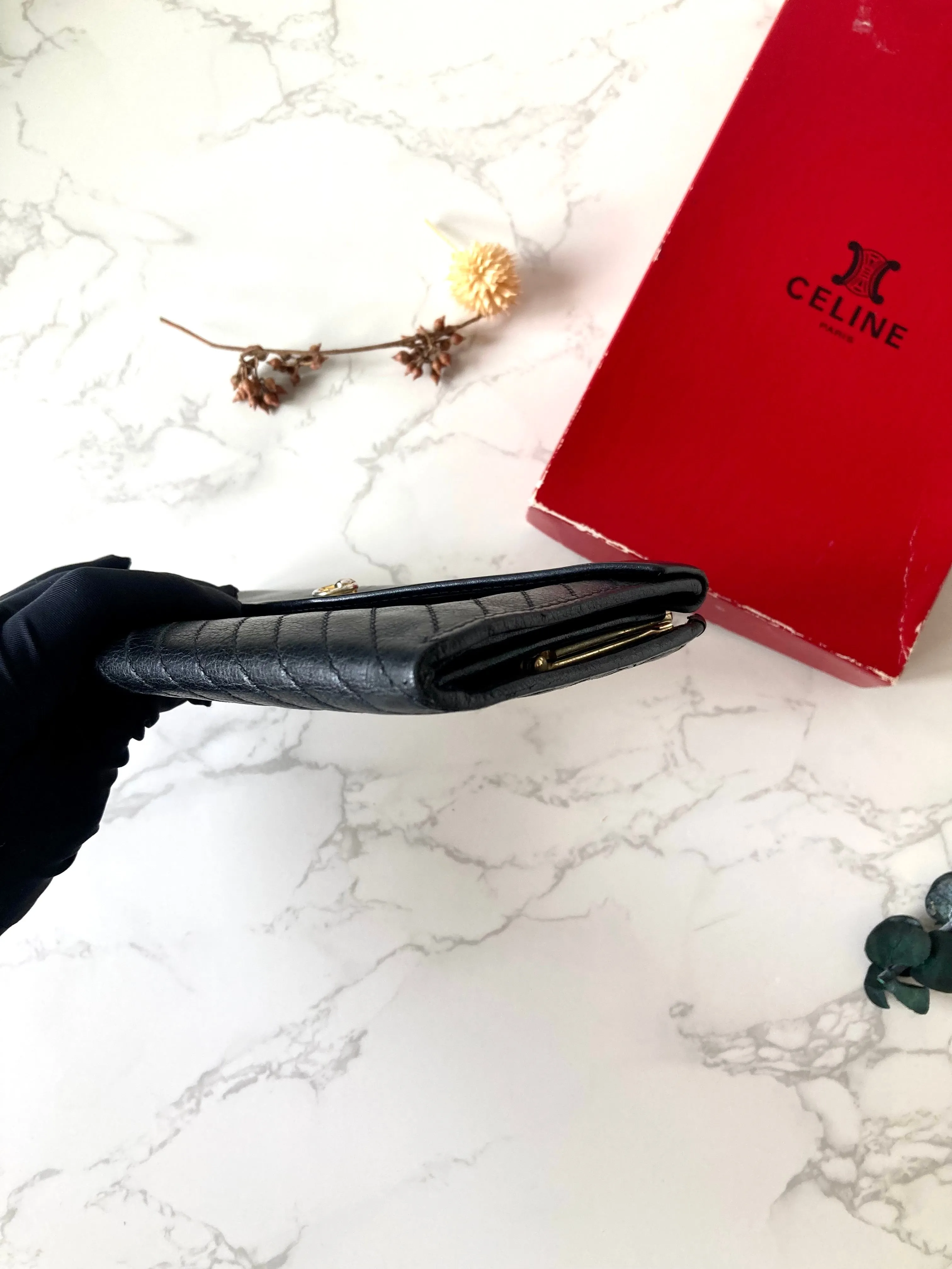 CELINE Black x Gold Ring Lock Leather Long Wallet
