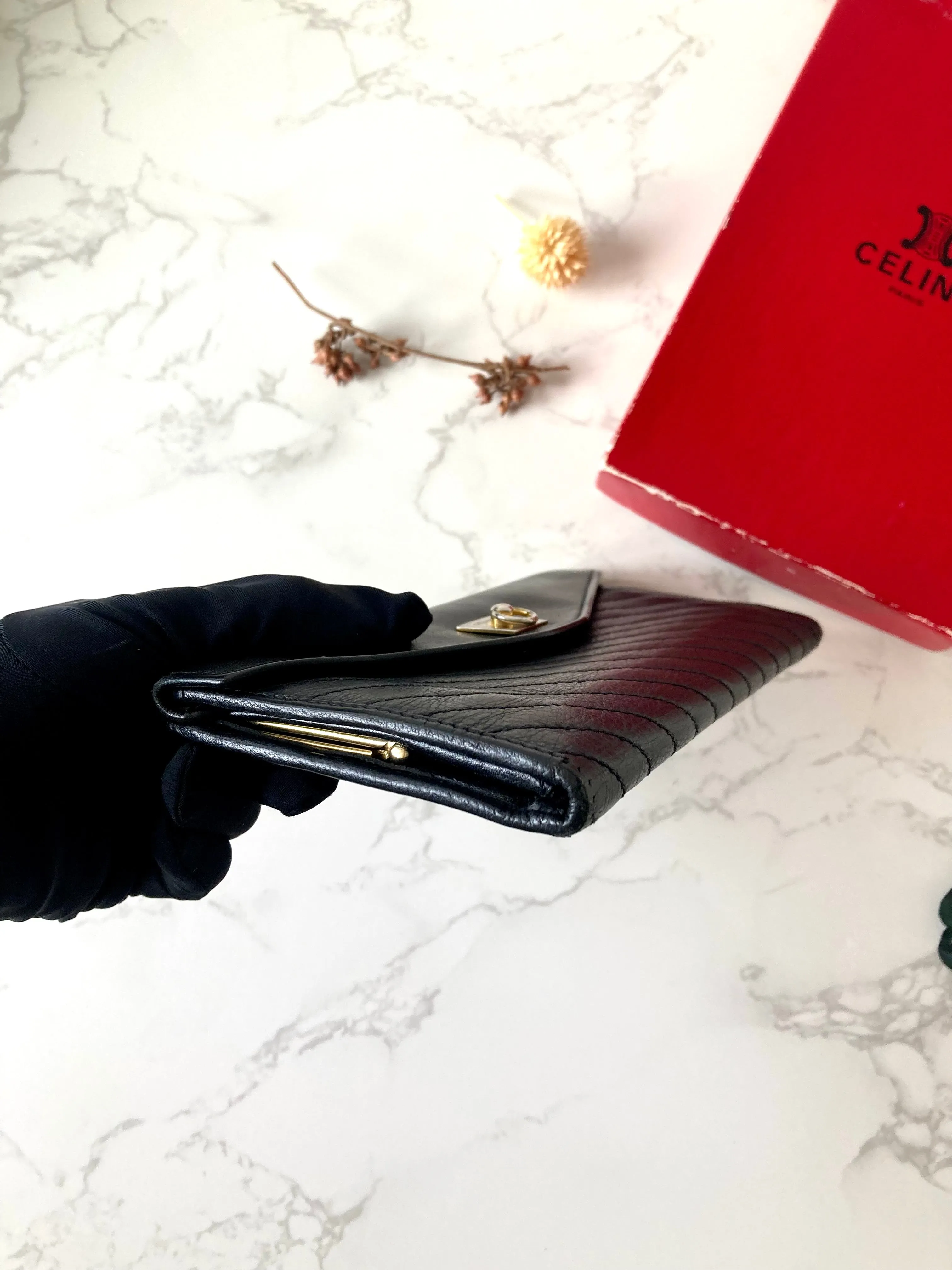 CELINE Black x Gold Ring Lock Leather Long Wallet