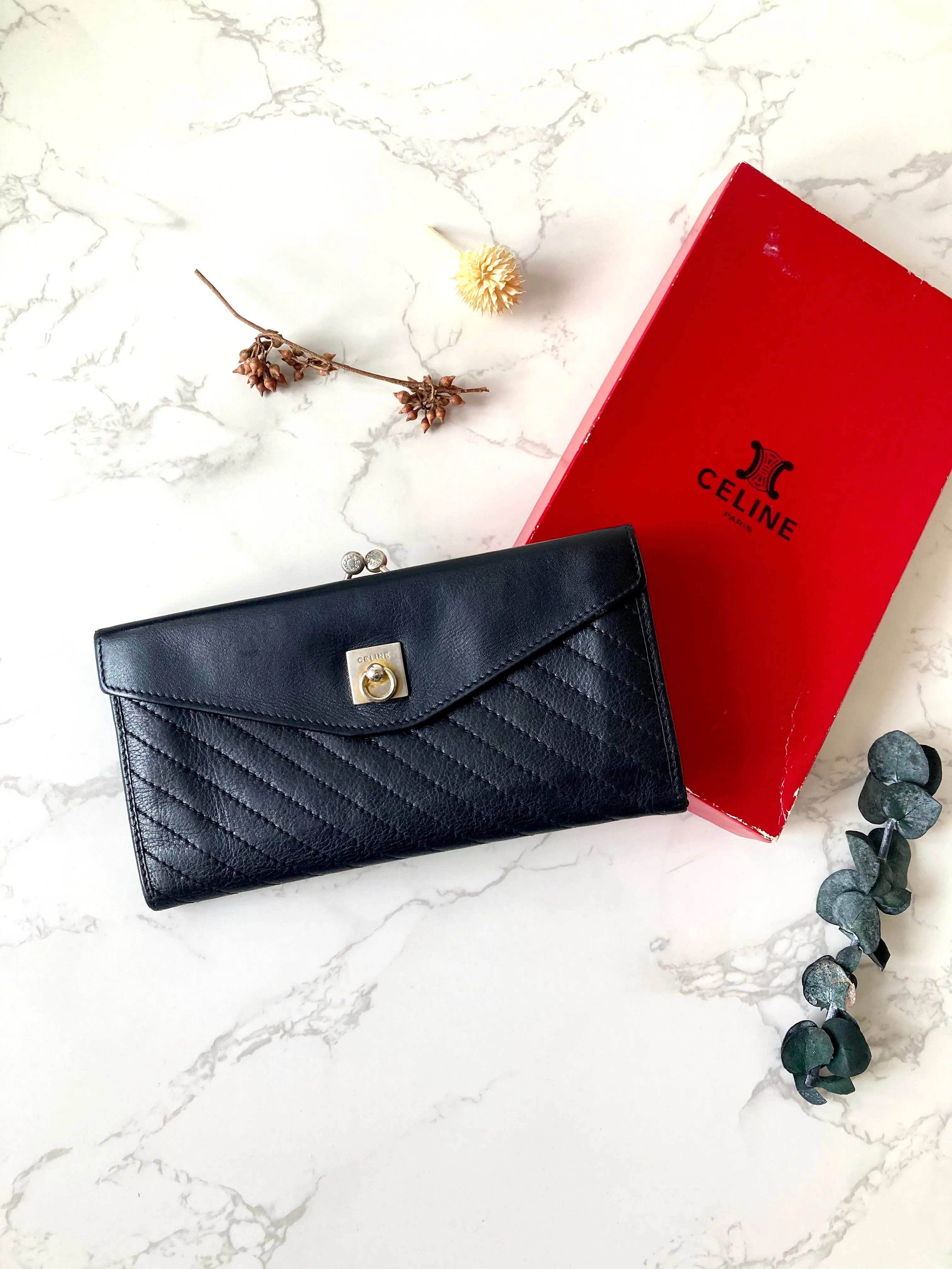CELINE Black x Gold Ring Lock Leather Long Wallet