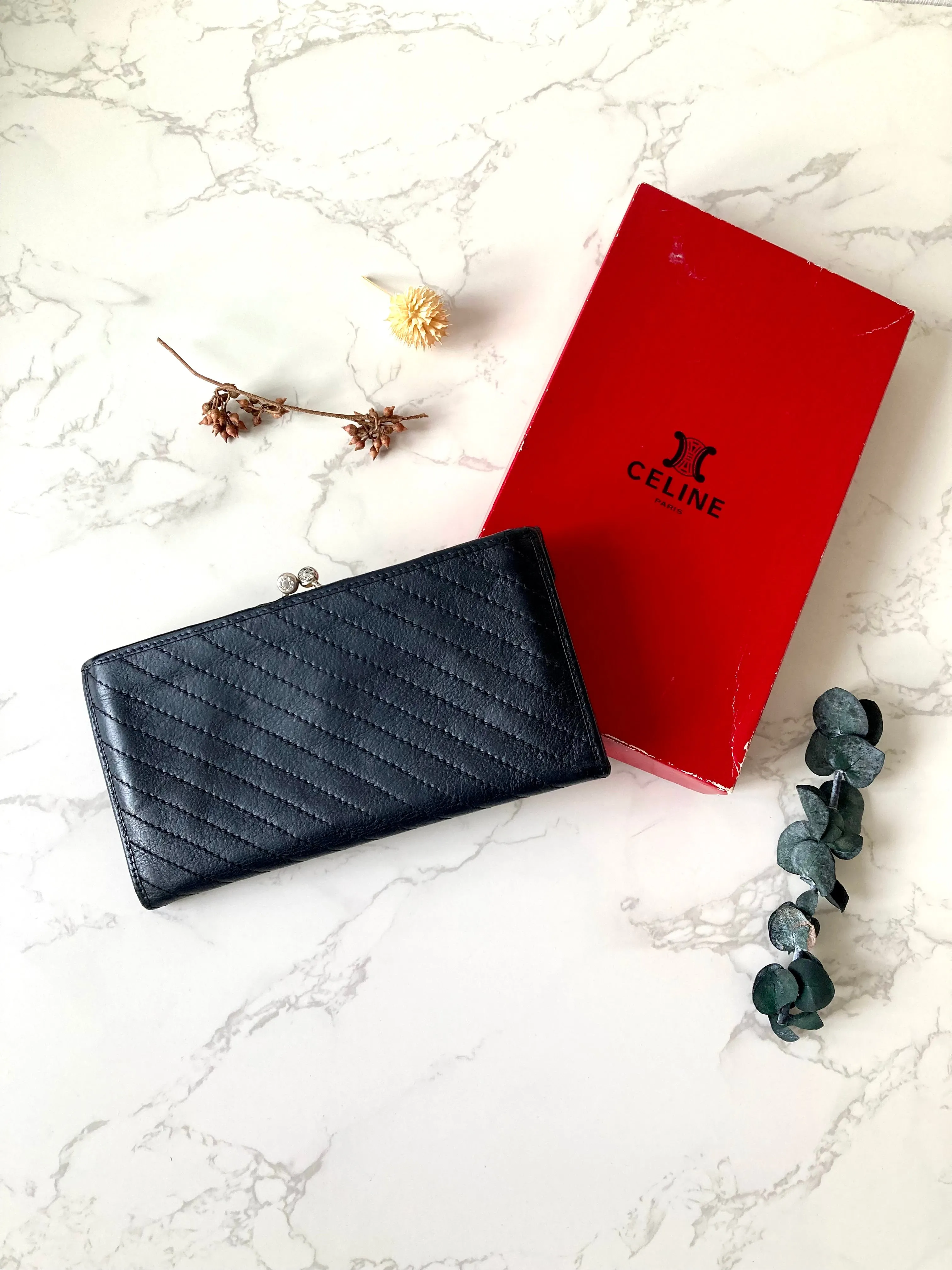 CELINE Black x Gold Ring Lock Leather Long Wallet