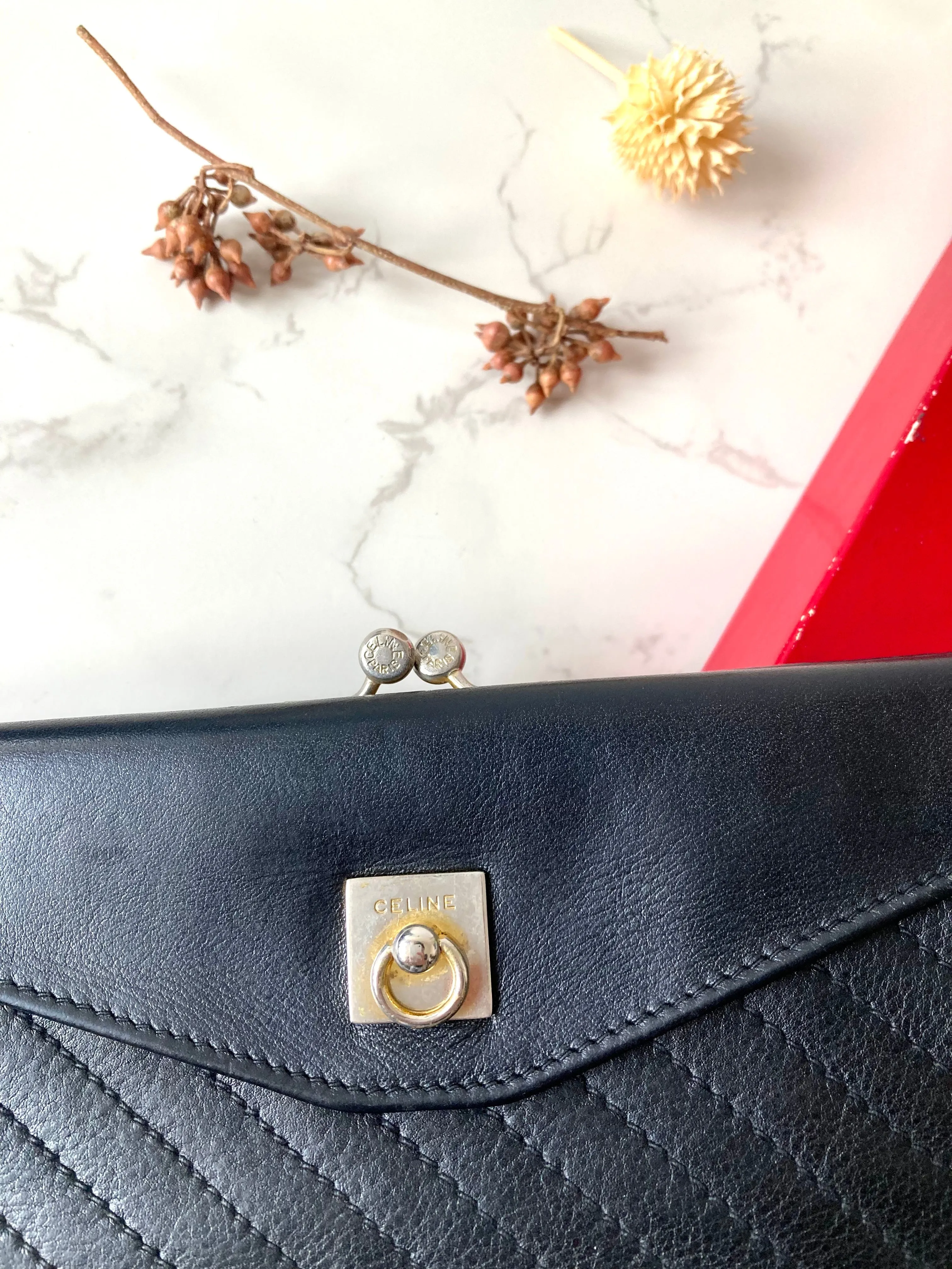 CELINE Black x Gold Ring Lock Leather Long Wallet
