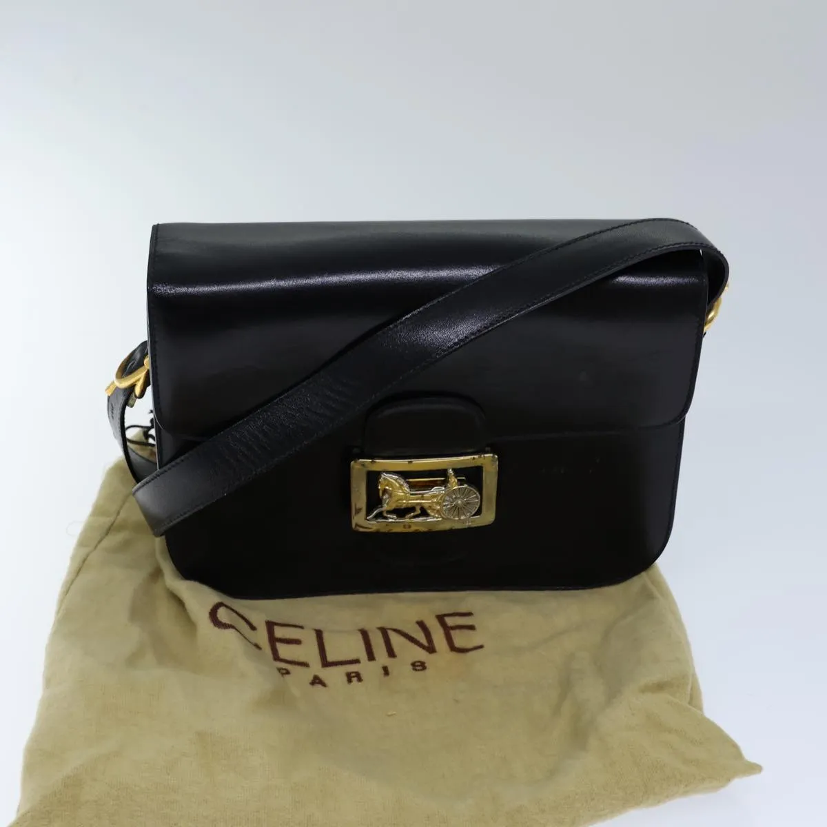 CELINE Horse Carriage Shoulder Bag Leather Black Auth bs13870