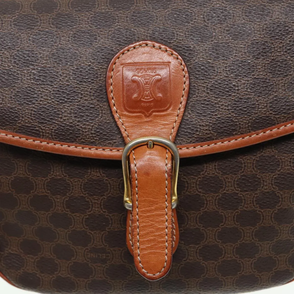 CELINE Macadam Canvas Shoulder Bag PVC Leather Brown Gold Auth ar12392