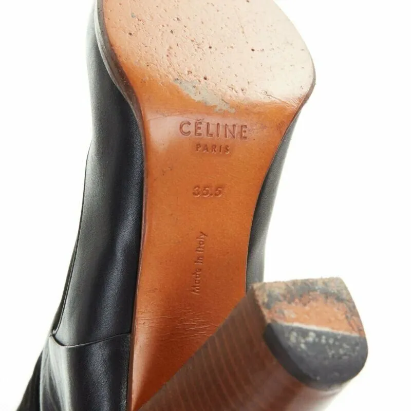 CELINE PHILO black suede sock ankle strap chunky wooden heel tall boot EU35.5