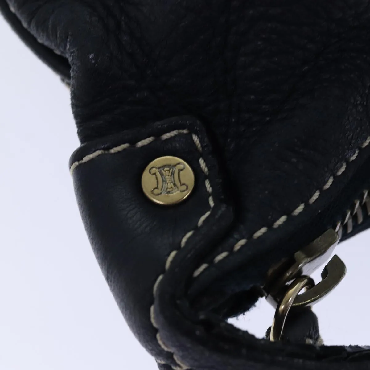 CELINE Shoulder Bag Leather Navy Gold Auth 85861