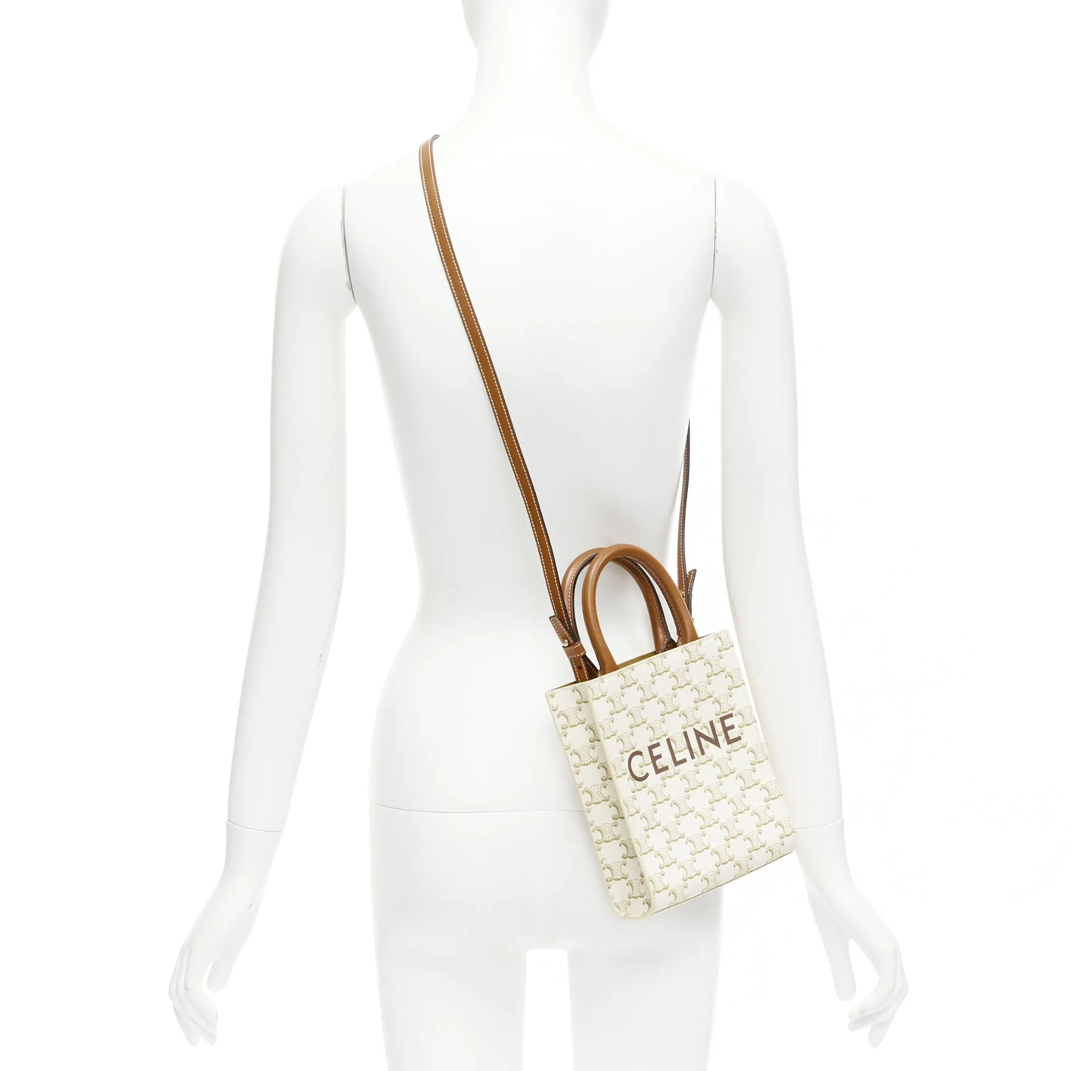 CELINE Vertical Cabas brown Tromphe logo beige monogram mini crossbody tote bag