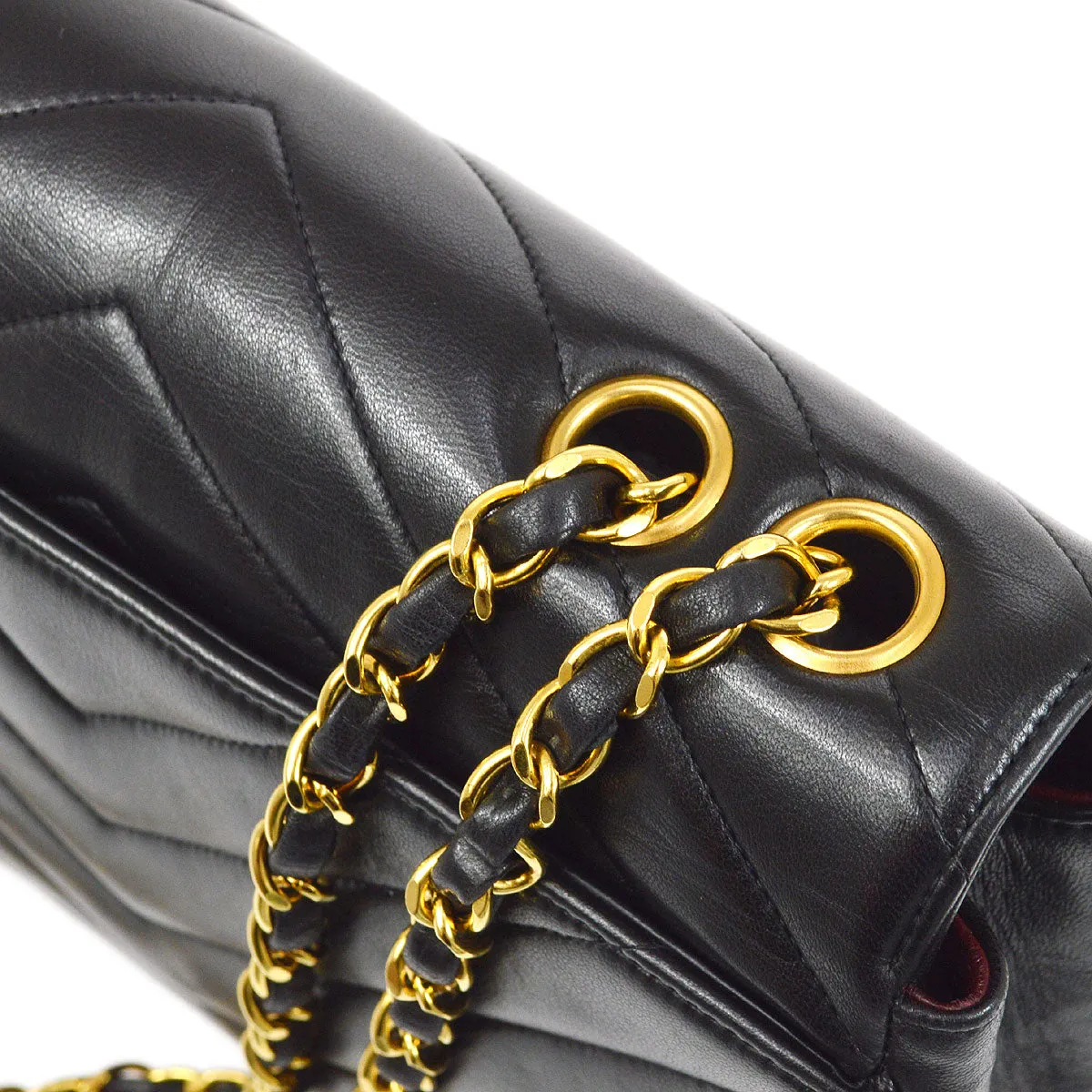 CHANEL★ 1991-1994 Black Lambskin Chevron Letter Flap Bag Small 14355