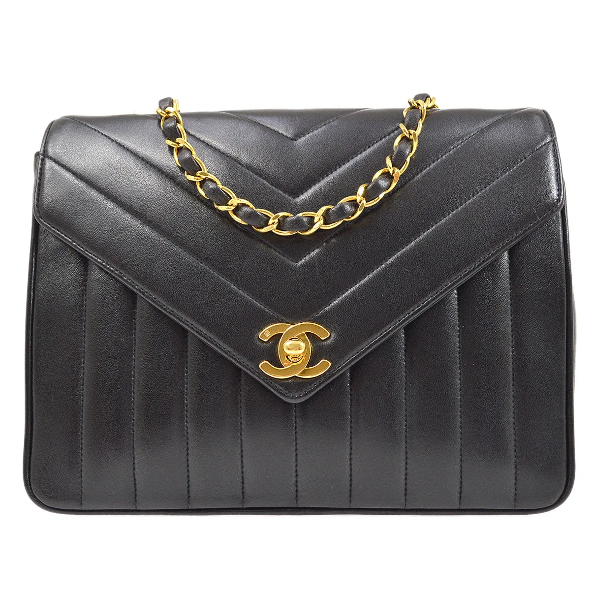 CHANEL★ 1991-1994 Black Lambskin Chevron Letter Flap Bag Small 14355