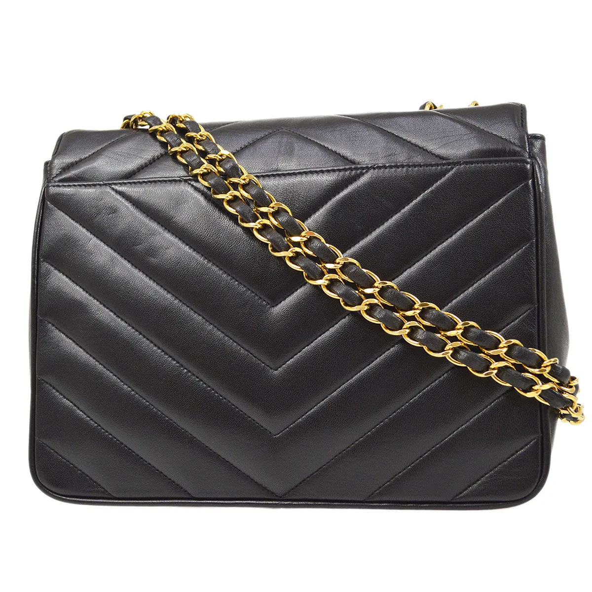 CHANEL★ 1991-1994 Black Lambskin Chevron Letter Flap Bag Small 14355