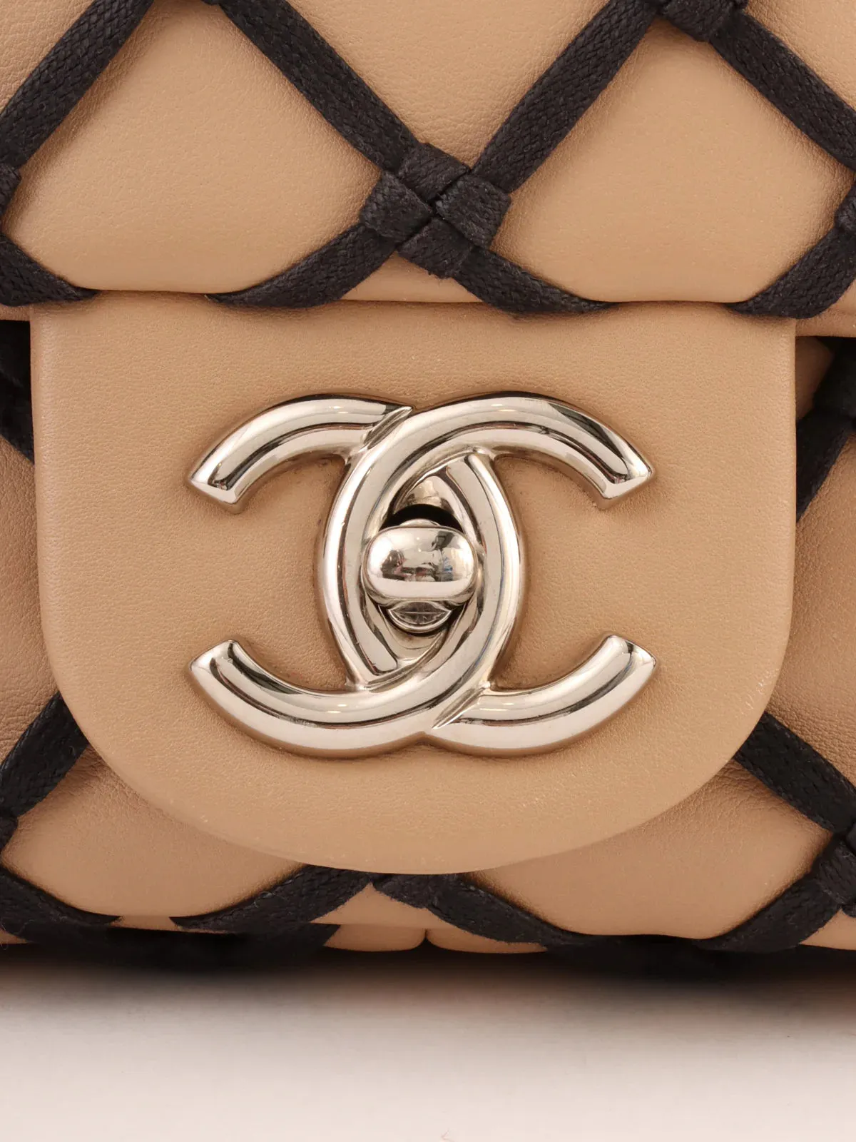 CHANEL Around 2010 Made Clochette Turn-Lock Chain Shoulder Bag Beige/Black