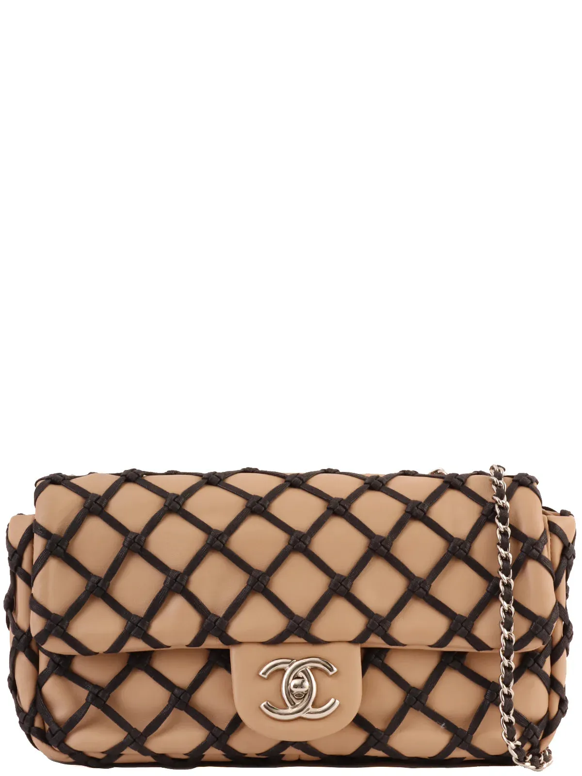 CHANEL Around 2010 Made Clochette Turn-Lock Chain Shoulder Bag Beige/Black