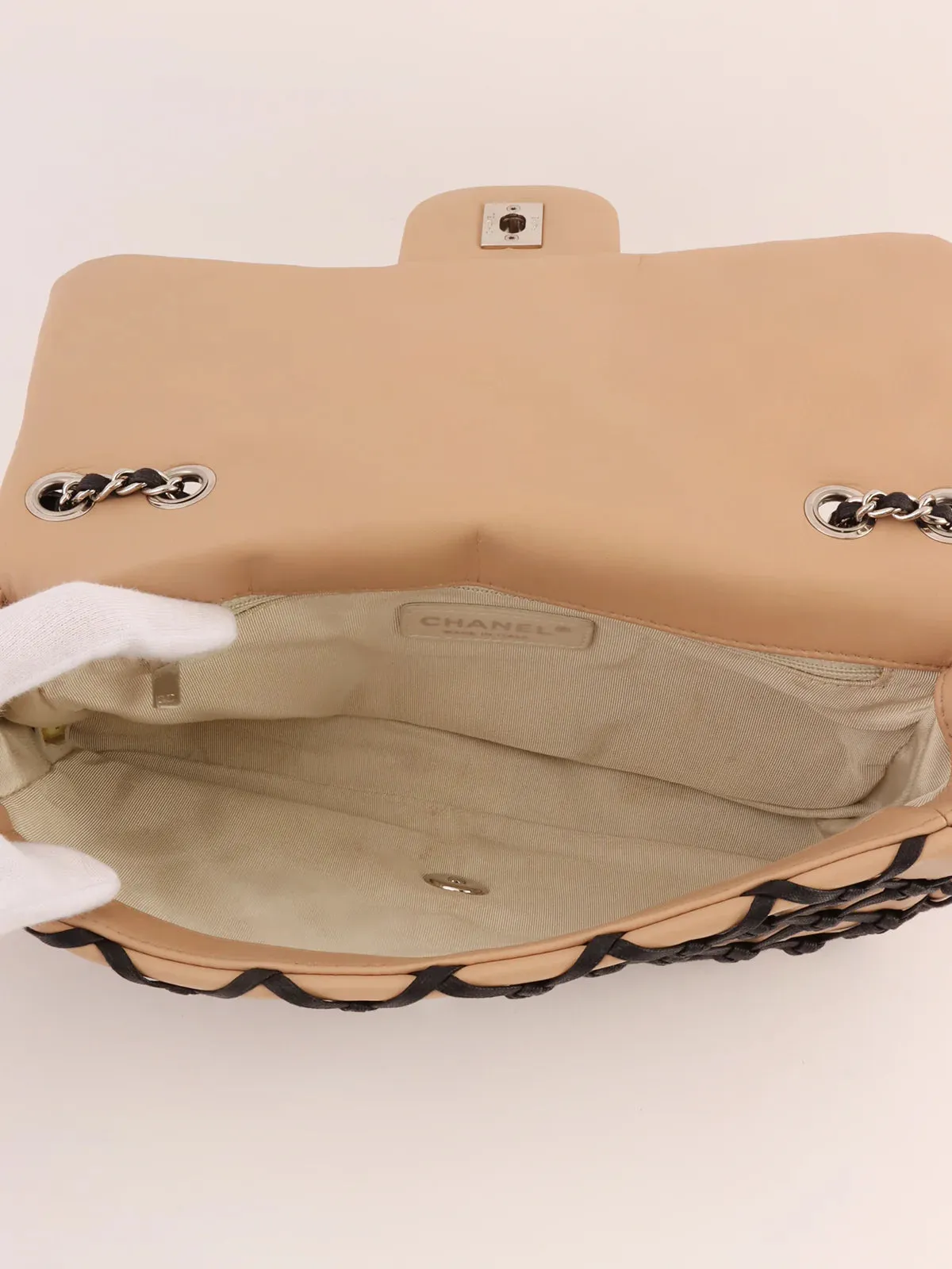 CHANEL Around 2010 Made Clochette Turn-Lock Chain Shoulder Bag Beige/Black