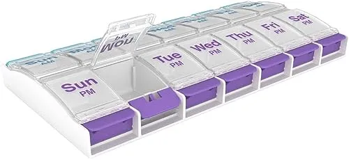 EZY DOSE Push Button (7-Day) Pill Case, Medicine Planner, Vitamin Organizer, 2 Times a Day AM/PM, X-Large Compartments, Arthritis Friendly, Clear Lids, Purple and Blue, BPA Free
