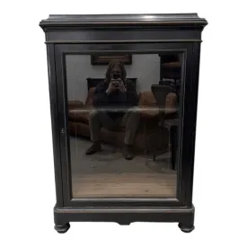 French Black Napoleon III Era Cabinet With Brass Inlay, Glass Door